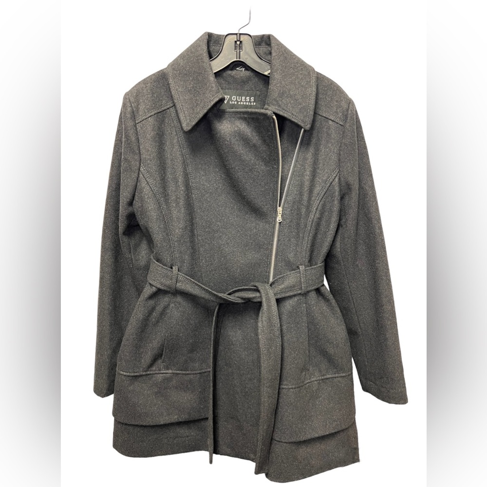 Guess Wool Blend Front Zipper Tie Coat